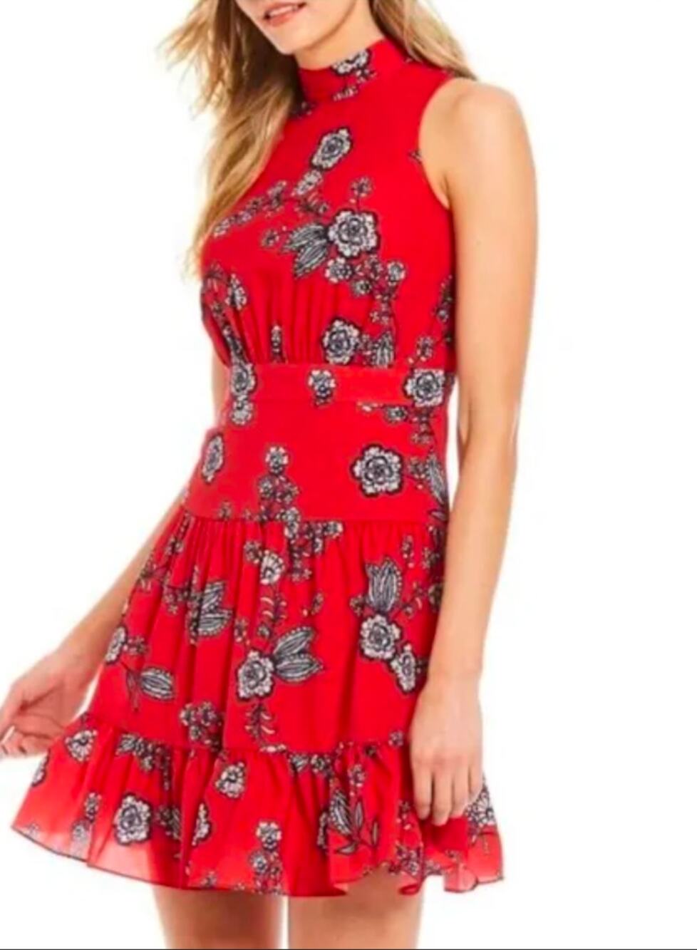 Eliza J Red Floral Tiered Sleeveless High Neck Dress Romantic Boho Size 8